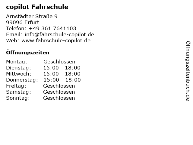 copilot Fahrschule in Erfurt: Adresse und Öffnungszeiten