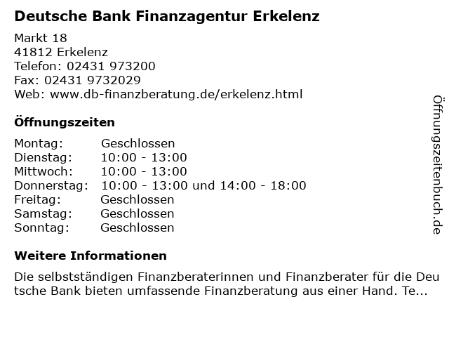 ᐅ Offnungszeiten Finanzagentur Fur Die Deutsche Bank Markt 18