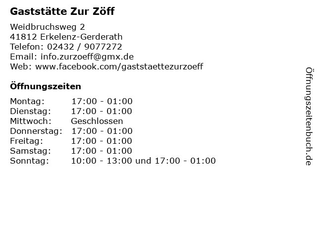 Gaststätte Zur Zöff in Erkelenz-Gerderath: Adresse und Öffnungszeiten