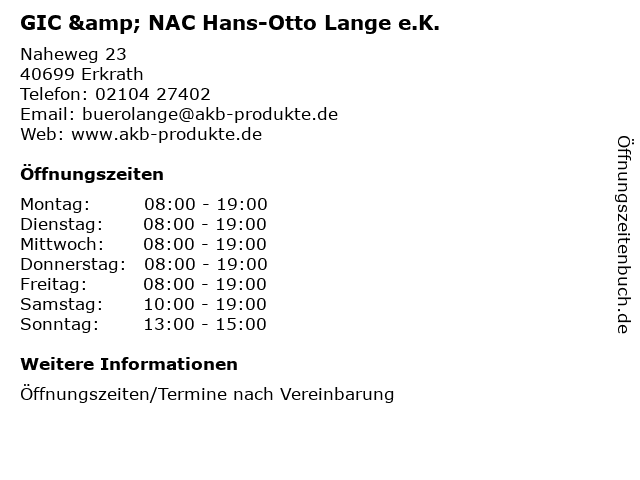 GIC & NAC Hans-Otto Lange e.K. in Erkrath: Adresse und Öffnungszeiten