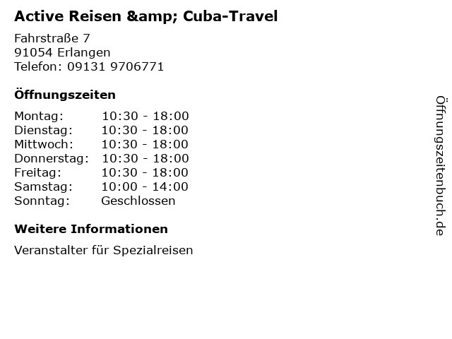 Active Reisen & Cuba-Travel in Erlangen: Adresse und Öffnungszeiten