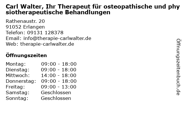 Carl Walter, Ihr Therapeut für osteopathische und physiotherapeutische Behandlungen in Erlangen: Adresse und Öffnungszeiten