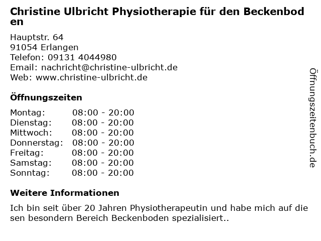 Christine Ulbricht Physiotherapie für den Beckenboden in Erlangen: Adresse und Öffnungszeiten