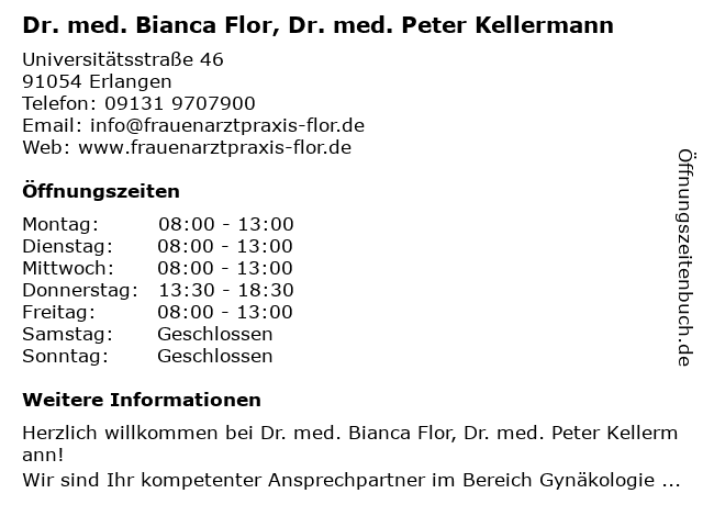 Dr.med. Bianca Flor, Fachärztin für Gynäkologie und Geburtshilfe in Erlangen: Adresse und Öffnungszeiten