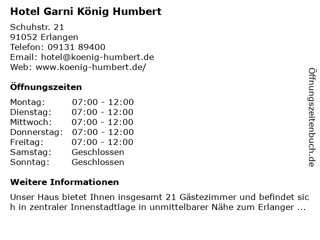 Hotel König Humbert Garni in Erlangen: Adresse und Öffnungszeiten