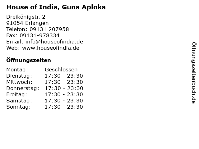 House of India, Guna Aploka in Erlangen: Adresse und Öffnungszeiten