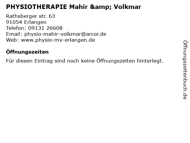 PHYSIOTHERAPIE Mahir & Volkmar in Erlangen: Adresse und Öffnungszeiten