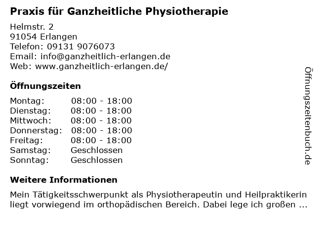 Praxis für Ganzheitliche Physiotherapie in Erlangen: Adresse und Öffnungszeiten
