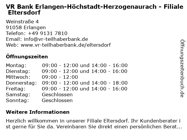 VR Bank Erlangen-Höchstadt-Herzogenaurach - Filiale Eltersdorf in Erlangen: Adresse und Öffnungszeiten