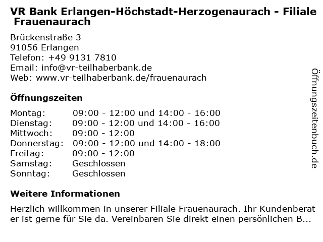 VR Bank Erlangen-Höchstadt-Herzogenaurach - Filiale Frauenaurach in Erlangen: Adresse und Öffnungszeiten