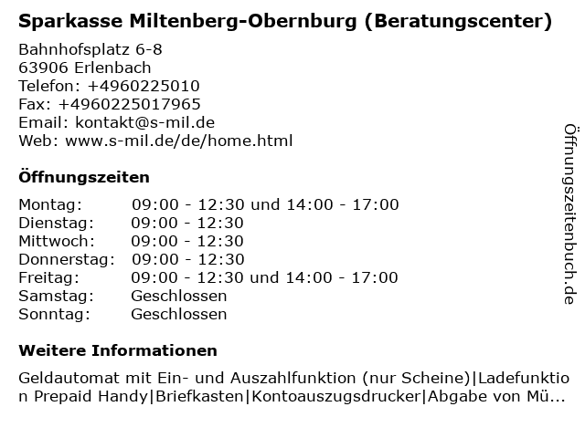 ᐅ Offnungszeiten Sparkasse Miltenberg Obernburg Bahnhofsplatz 6 8 In Erlenbach
