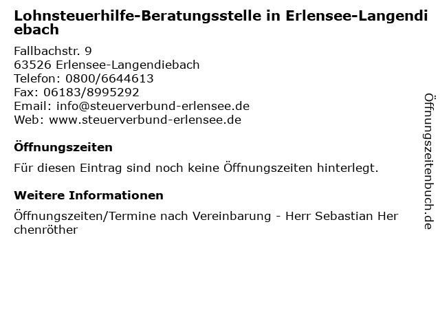 Lohnsteuerhilfe-Beratungsstelle in Erlensee-Langendiebach in Erlensee-Langendiebach: Adresse und Öffnungszeiten