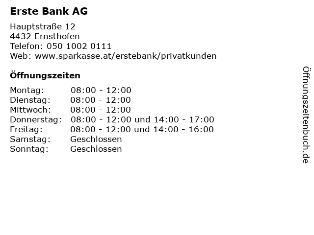 ᐅ Offnungszeiten Erste Bank Ag Hauptstrasse 12 In Ernsthofen