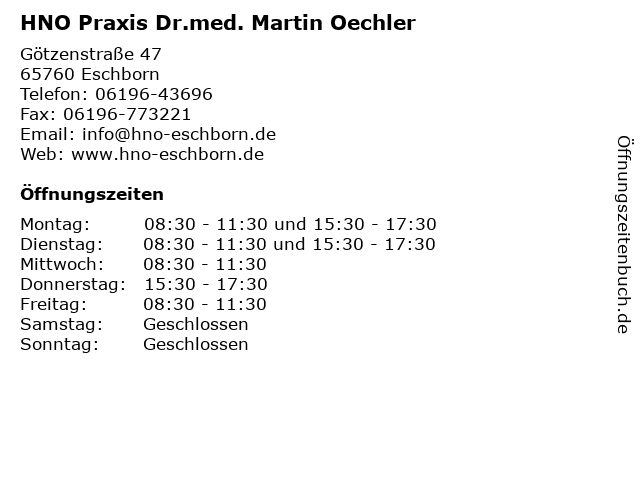 HNO Praxis Dr.med. Martin Oechler in Eschborn: Adresse und Öffnungszeiten