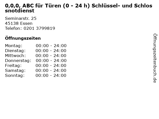 0,0,0, ABC für Türen (0 - 24 h) Schlüssel- und Schlossnotdienst in Essen: Adresse und Öffnungszeiten