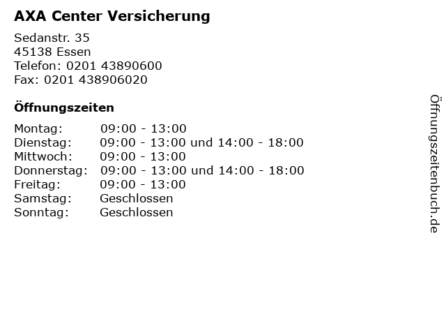 AXA Center Versicherung in Essen: Adresse und Öffnungszeiten