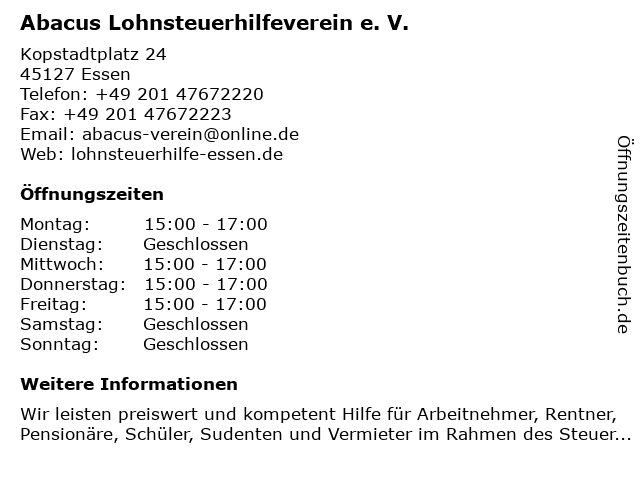 Abacus Lohnsteuerhilfeverein e. V. in Essen: Adresse und Öffnungszeiten