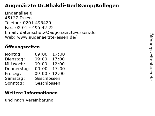 Augenärzte Dr.Bhakdi-Gerl&Kollegen in Essen: Adresse und Öffnungszeiten