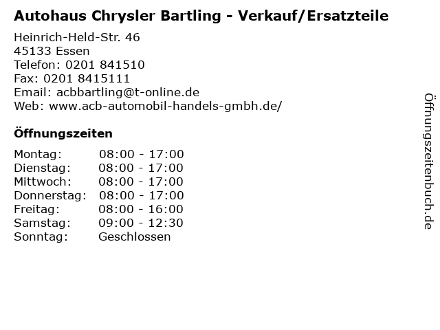 Autohaus Chrysler Bartling - Verkauf/Ersatzteile in Essen: Adresse und Öffnungszeiten