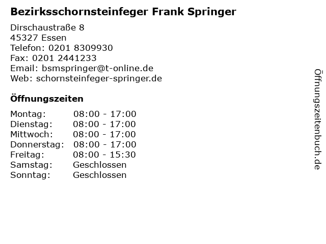 Bezirksschornsteinfeger Frank Springer in Essen: Adresse und Öffnungszeiten