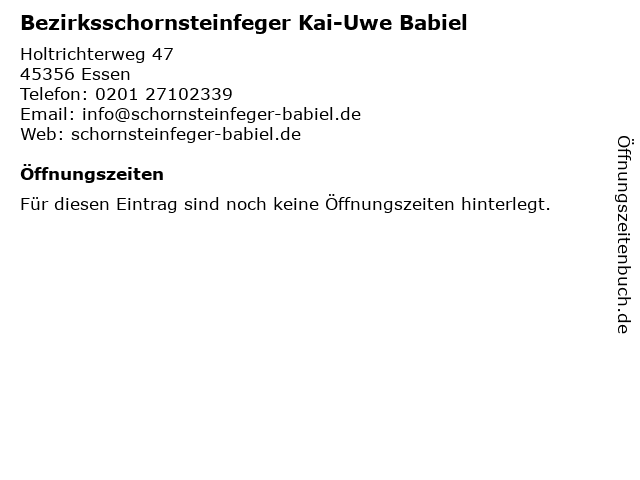 Bezirksschornsteinfeger Kai-Uwe Babiel in Essen: Adresse und Öffnungszeiten