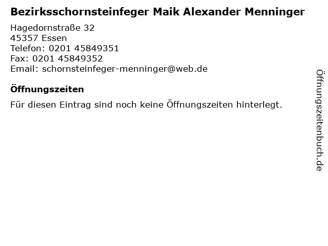 Bezirksschornsteinfeger Maik Alexander Menninger in Essen: Adresse und Öffnungszeiten