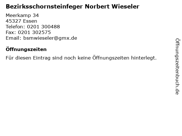 Bezirksschornsteinfeger Norbert Wieseler in Essen: Adresse und Öffnungszeiten