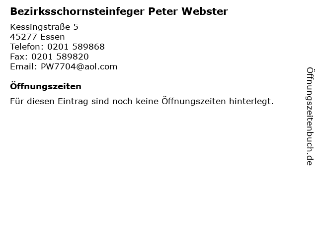 Bezirksschornsteinfeger Peter Webster in Essen: Adresse und Öffnungszeiten