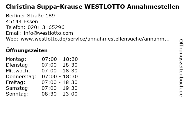 Christina Suppa-Krause WESTLOTTO Annahmestellen in Essen: Adresse und Öffnungszeiten