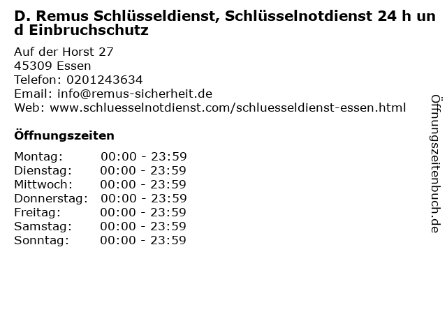 D. Remus Schlüsseldienst, Schlüsselnotdienst 24 h und Einbruchschutz in Essen: Adresse und Öffnungszeiten