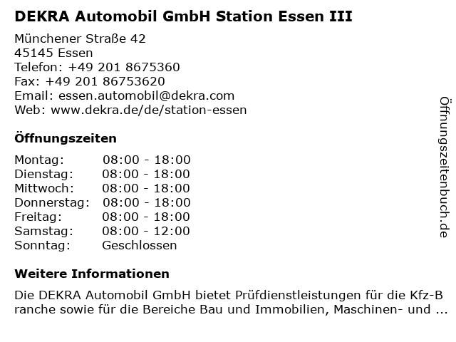 DEKRA Automobil GmbH Station Essen III in Essen: Adresse und Öffnungszeiten