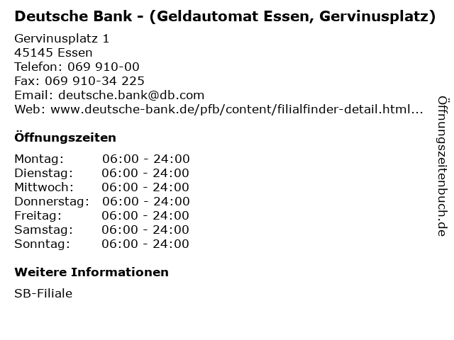 Deutsche Bank - (Geldautomat Essen, Gervinusplatz) in Essen: Adresse und Öffnungszeiten