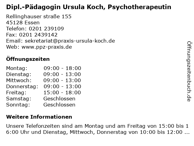 Dipl.-Pädagogin Ursula Koch, Psychotherapeutin in Essen: Adresse und Öffnungszeiten