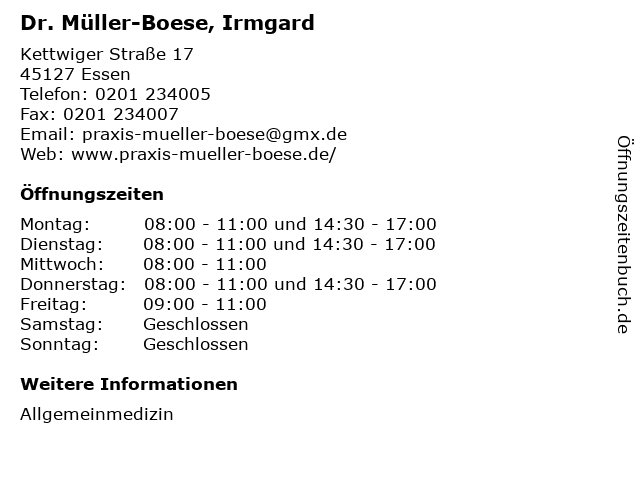 Dr. Müller-Boese, Irmgard in Essen: Adresse und Öffnungszeiten