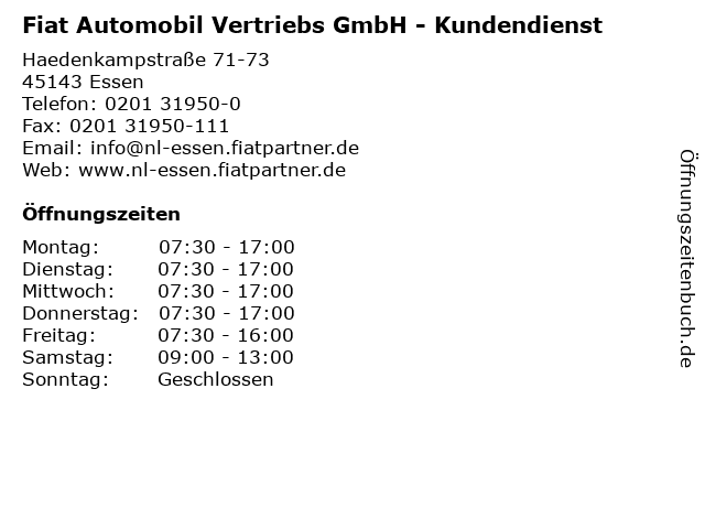 Fiat Automobil Vertriebs GmbH - Kundendienst in Essen: Adresse und Öffnungszeiten