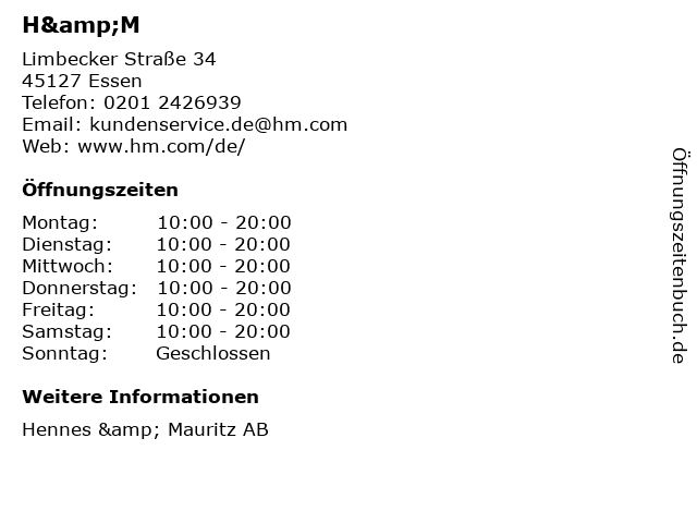 H&M in Essen: Adresse und Öffnungszeiten