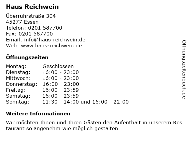 Haus Reichwein in Essen: Adresse und Öffnungszeiten