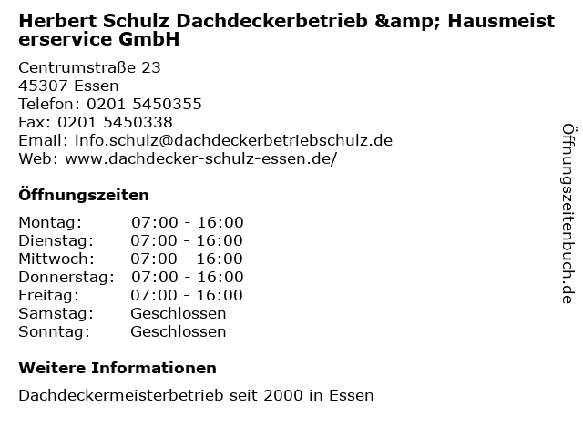 Herbert Schulz Dachdeckerbetrieb & Hausmeisterservice GmbH in Essen: Adresse und Öffnungszeiten