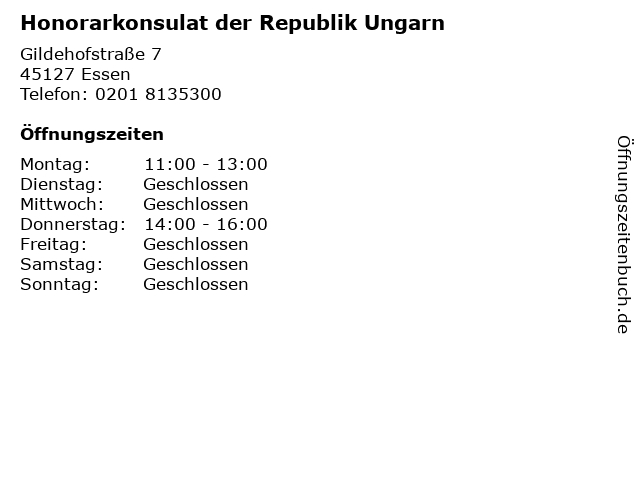 Honorarkonsulat der Republik Ungarn in Essen: Adresse und Öffnungszeiten