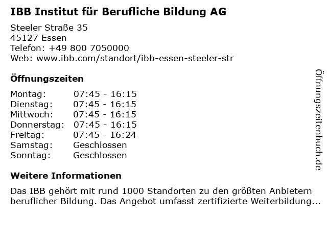 IBB Institut für Berufliche Bildung AG in Essen: Adresse und Öffnungszeiten