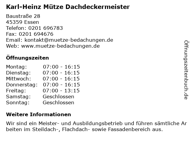 Karl-Heinz Mütze Dachdeckermeister in Essen: Adresse und Öffnungszeiten