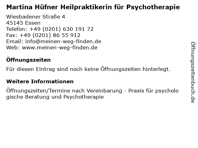Martina Hüfner Heilpraktikerin für Psychotherapie in Essen: Adresse und Öffnungszeiten