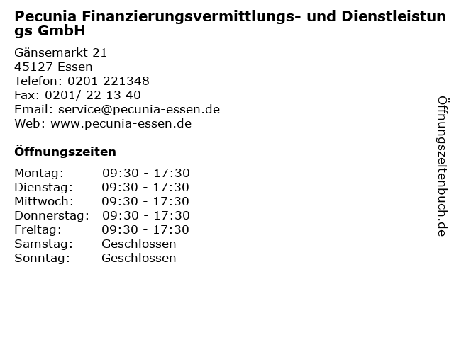 Pecunia Finanzierungsvermittlungs- und Dienstleistungs GmbH in Essen: Adresse und Öffnungszeiten