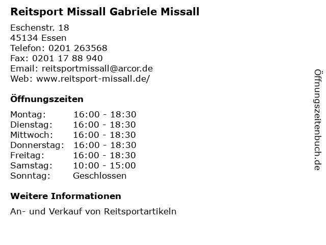 Reitsport Missall Gabriele Missall in Essen: Adresse und Öffnungszeiten