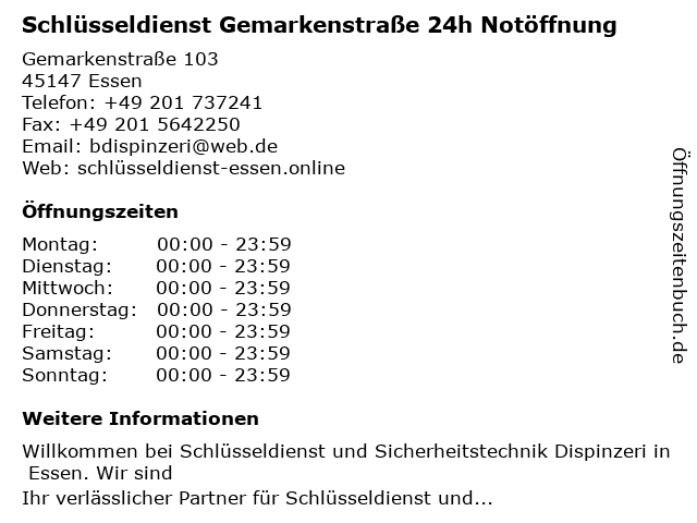 Schlüsseldienst Gemarkenstraße 24h Notöffnung in Essen: Adresse und Öffnungszeiten