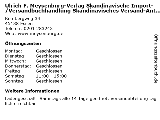 Ulrich F. Meysenburg-Verlag Skandinavische Import-/Versandbuchhandlung Skandinavisches Versand-Antiquariat in Essen: Adresse und Öffnungszeiten