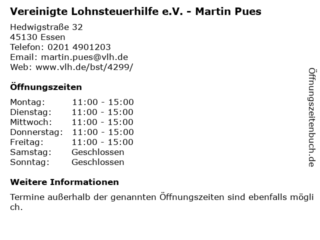 Vereinigte Lohnsteuerhilfe e.V. - Martin Pues in Essen: Adresse und Öffnungszeiten