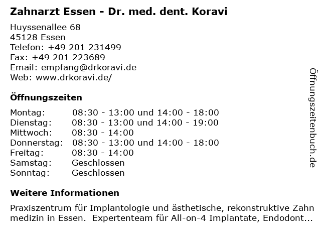 Zahnarzt Essen - Dr. med. dent. Koravi in Essen: Adresse und Öffnungszeiten