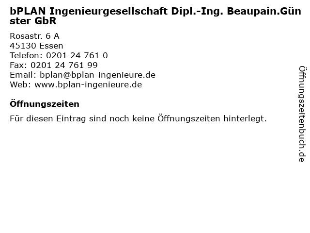 bPLAN Ingenieurgesellschaft Dipl.-Ing. Beaupain.Günster GbR in Essen: Adresse und Öffnungszeiten
