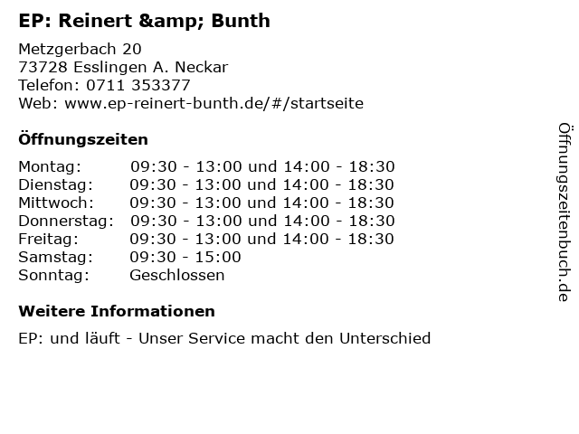 EP: Reinert & Bunth in Esslingen A. Neckar: Adresse und Öffnungszeiten
